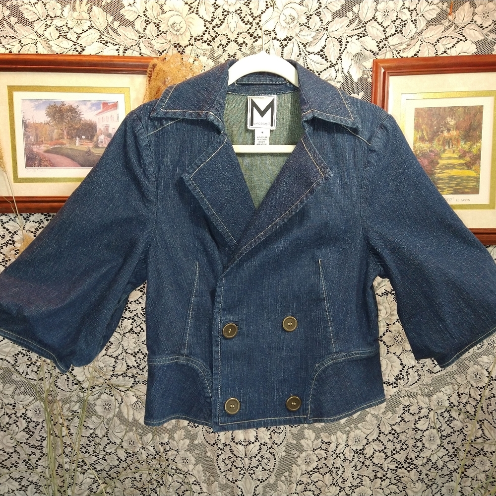 Marc Bouwer blue jean denim crop trucker jacket stylish with loose sleeves